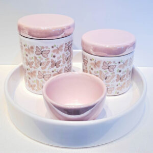 Kit ceramica 3pçs borboleta arabesco rosa velho