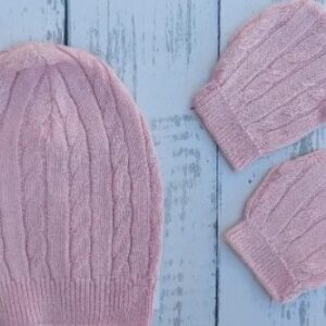 Kit touca e luva ponto trança rosa UN noruega