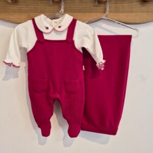 Kit jardineira/manta m. trico morango P Anjos baby