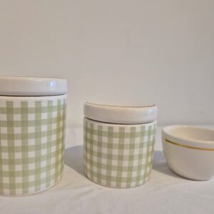 Kit ceramica 3pçs xadrez verde tampa c/filete ouro