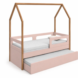 Cama Solteiro Bologna Rosa com Casinha e Cama Auxiliar